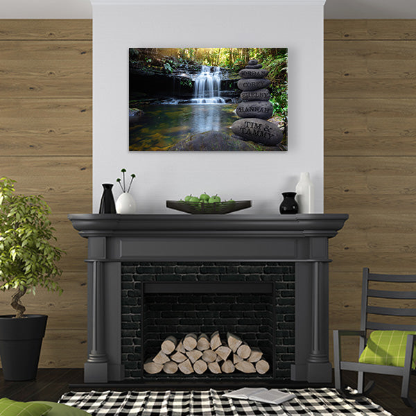 Personalized Waterfall Forest Canvas Wall Art - Engraved Names on Stacked Stones