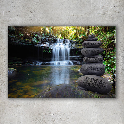 Personalized Waterfall Forest Canvas Wall Art with Engraved Names on Stacked Stones - Nature Decor family name sign gift for cabin