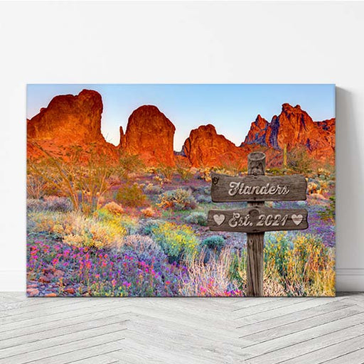 Arizona Kofa Mountain Desert Flowers - Family Name  Signs, showcasing the digitally engraved wooden style and personalized details against the vibrant desert backdrop—a perfect blend of rustic elegance and Southwestern charm. - family name street signs