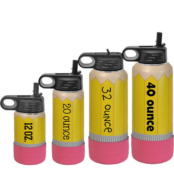 Personalized pencil water bottles for teachers and kids back to school. Includes name and pink eraser bottle boot. 12oz 20 oz 32 oz and 40oz sport water bottles for teachers with flip lid and straw