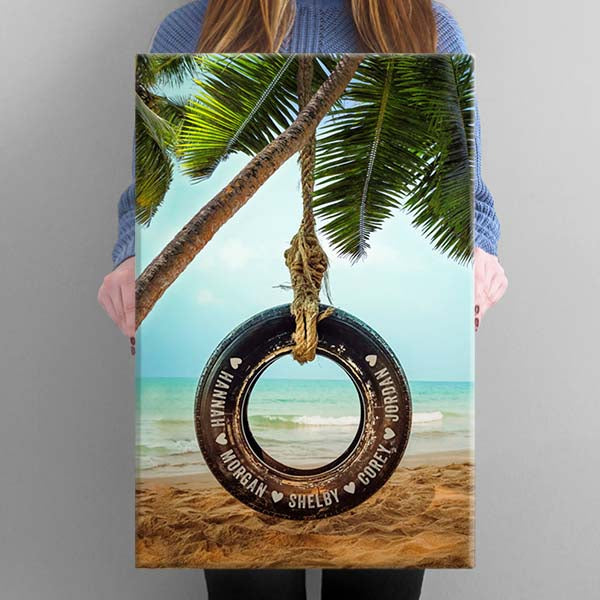 Personalized Tire Swing at the Ocean - Custom Beach House Home Decor Canvas