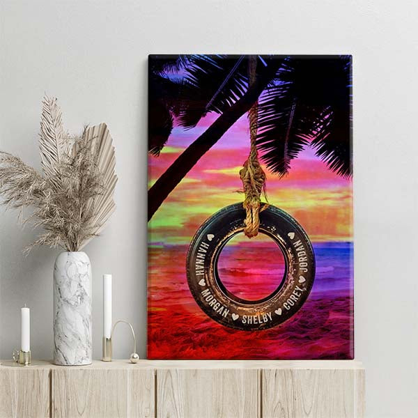 Personalized Tire Swing at the Ocean - Custom Beach House Home Decor Canvas
