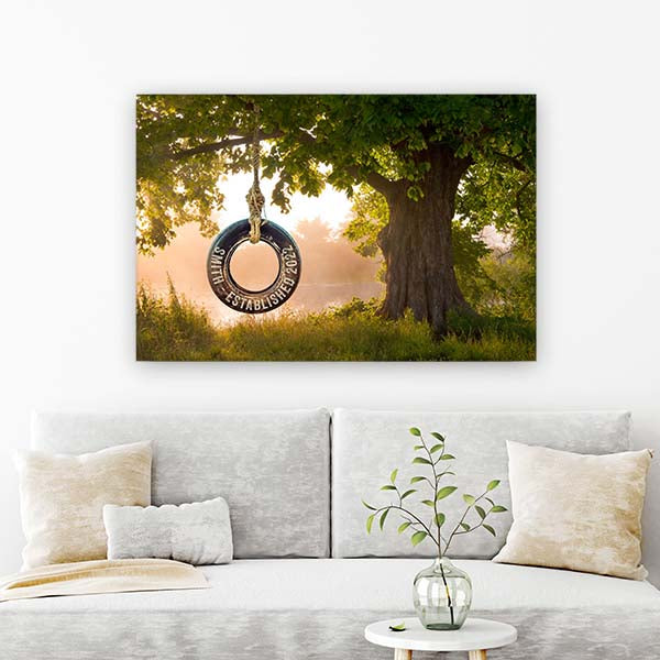 Personalized Tire Swing Canvas: Lakeside Tree - Custom Couples Home Decor