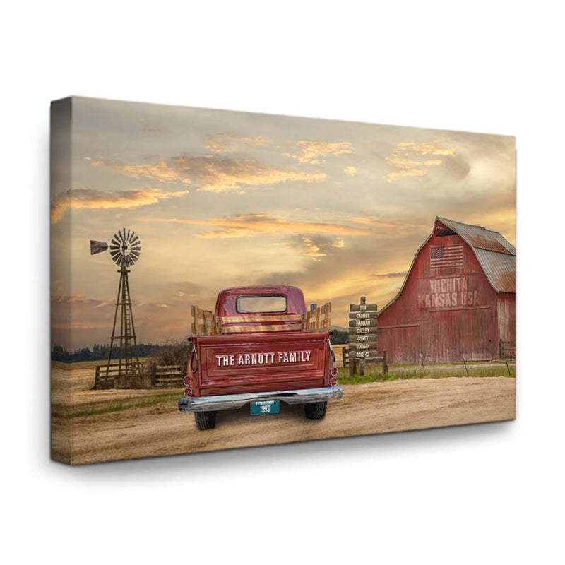 Old Farmhouse Windmill Vintage Truck Canvas Print | Personalized Country Barn Wall Art