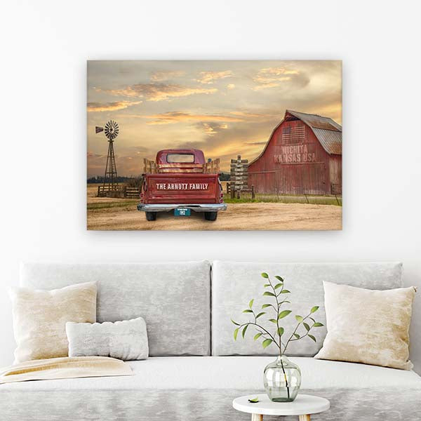 Old Farmhouse Windmill Vintage Truck Canvas Print | Personalized Country Barn Wall Art