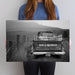 Customized Vintage Truck Canvas Print in Black and White, showcasing a classic truck on an old country road at sunset. Tailgate personalization available, with options to choose from 15 truck colors. Perfect for stylish home decor and a unique, monochromatic gift for couples.