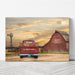 Farmhouse Charm Vintage Truck Canvas Print featuring an old vintage truck outside a dusky barn on a country farm. Personalize the tailgate, license plate, and barn with two lines of text. Ideal for farmhouse decor. Crafted in Wichita, KS, with premium USA-made materials