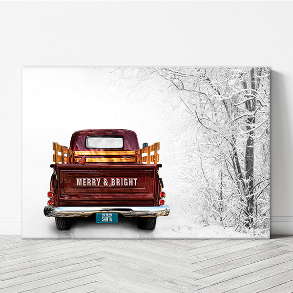 Winter Journey Vintage Truck Canvas Print featuring an old vintage truck on a snowy road in whiteout conditions. Personalize the tailgate and license plate. Ideal seasonal wall art for winter decor. Crafted in Wichita, KS, with premium USA-made materials.