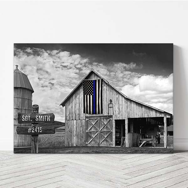 Thin Blue Line barn signs canvas, law enforcement tribute decor, customizable wooden signs, personalized Thin Blue Line flag canvas, sheriffs and police artwork, retired detectives home decor, personalized law enforcement gifts, honorable and courageous decor, commitment to service canvas.
