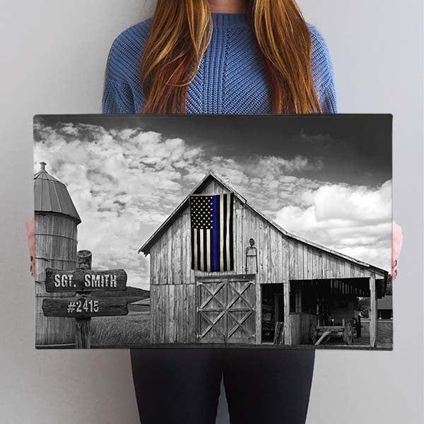 Law Enforcement Officer Thin Blue Line Flag on Old American Barn Canvas Wall Art