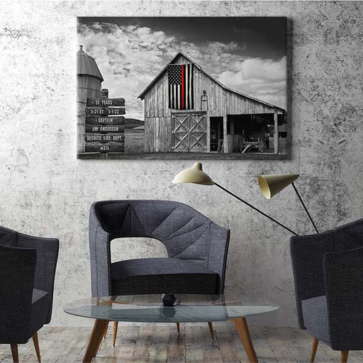 Thin Red Line Barn & Signs Canvas, showcasing the digitally engraved wooden signs against the backdrop of an old barn, adorned with the Thin Red Line flag—a personalized and courageous gift choice for firefighter enthusiasts