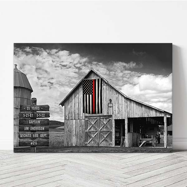 Fire Fighter Thin Red Line Flag on Old American Barn