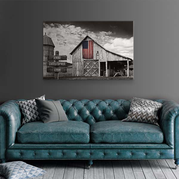Rustic Barn & Family Name Signs Canvas: USA American Flag