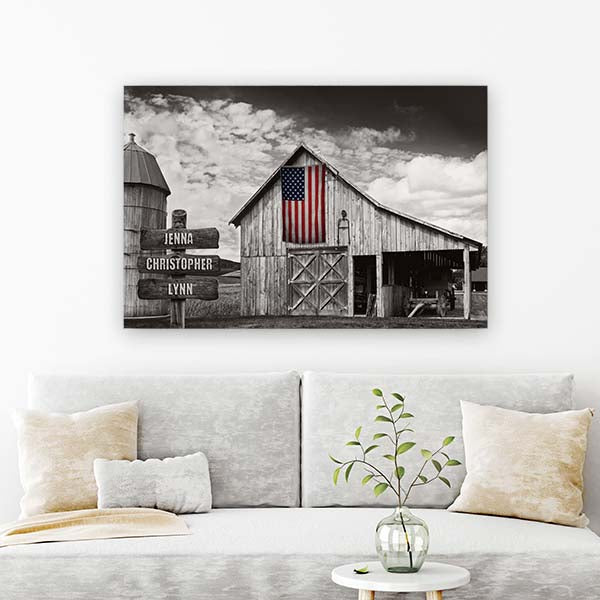 Rustic Barn & Family Name Signs Canvas: USA American Flag
