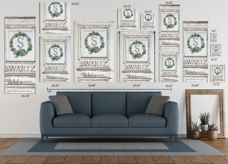 Canvas Wall Decor - Custom Monogram Succulent Wreath on Weathered Wood Door