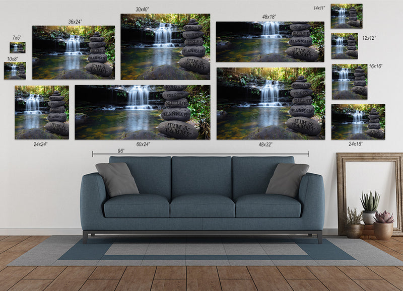Personalized Waterfall Forest Canvas Wall Art - Engraved Names on Stacked Stones
