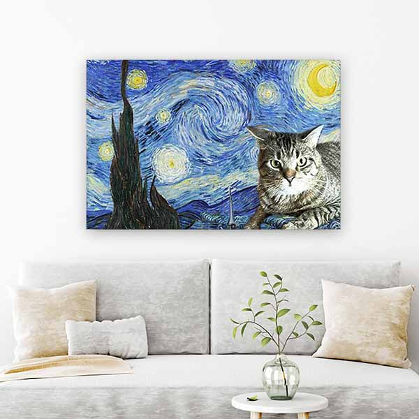 Add your cat photo to Van Gogh's starry night painting with this unique canvas wall art personalized home decor print for a cat owner. Best personalized gift for cat owner ever!