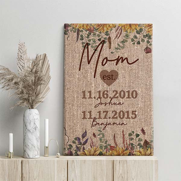 Personalized Grandma / Mom Mother & Child Established Sunflower Burlap Rustic Canvas Art