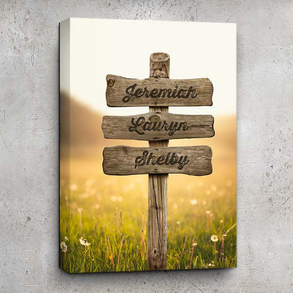 Personalized Golden Hour Dandelion  Field Family Canvas Wall Art with Custom Wood Name Sign