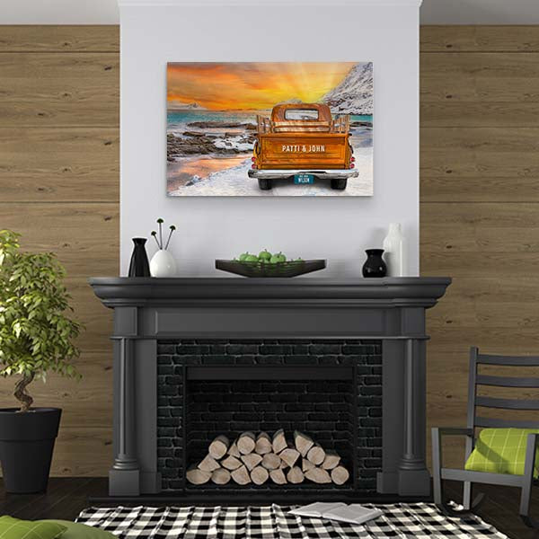 Winter Sunrise Beach Escape Canvas Print | Personalized Vintage Truck Art