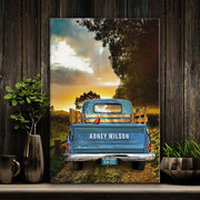Memorial Vintage Truck Canvas Print, a personalized funeral keepsake featuring an old vintage truck under a serene sunset. Tailgate and license plate customized with a loved one's details. Optionally add a cardinal for a symbol of hope and love. Crafted in Wichita, KS, with premium USA-made materials.