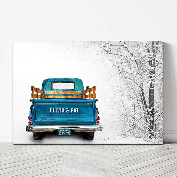 Winter Journey Vintage Truck Canvas Print | Personalized Seasonal Wall Art