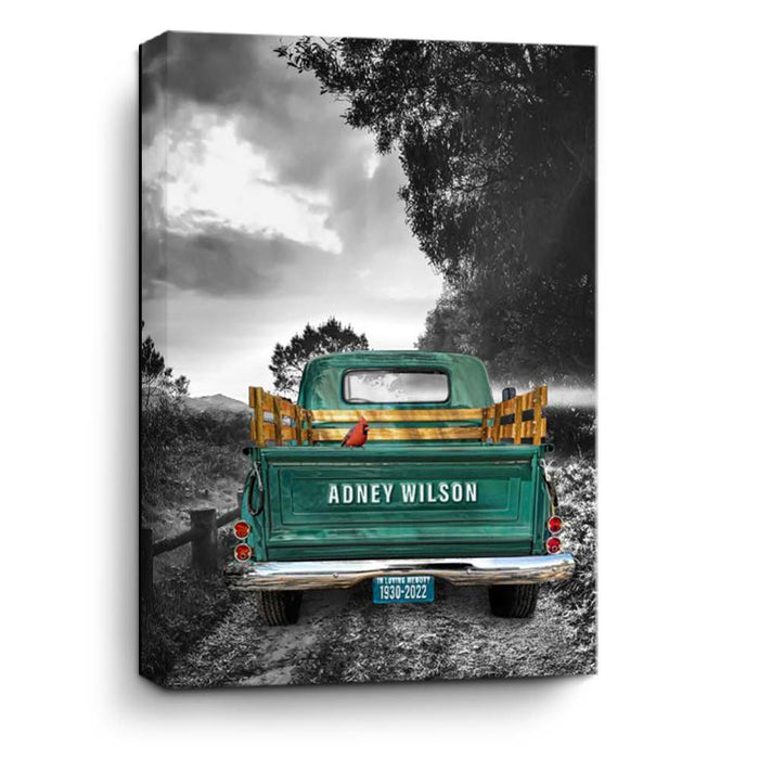 Create a lasting tribute with our Memorial Vintage Truck Canvas Print. Personalize the tailgate and license plate with a loved one's name and life dates. Optional cardinal symbolizes hope and love. Choose from 15 truck colors, color or black and white. Crafted in Wichita, KS, using premium USA-made materials.