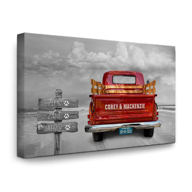Personalized Vintage Truck Canvas Print | Ocean Beach & Cloudy Sky Edition