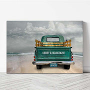 Personalized Beach Vintage Truck Canvas Print with tailgate and license plate customization. Choose from 15 colors and opt for color or black and white print. Ideal home decor and thoughtful gift for couples. Crafted in Wichita, KS, with premium USA-made materials.