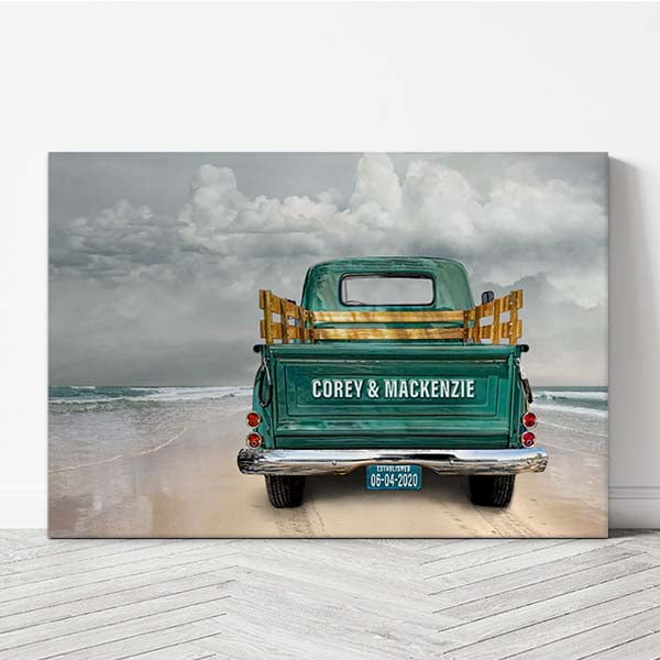 Personalized Beach Vintage Truck Canvas Print with tailgate and license plate customization. Choose from 15 colors and opt for color or black and white print. Ideal home decor and thoughtful gift for couples. Crafted in Wichita, KS, with premium USA-made materials.
