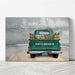 Personalized Beach Vintage Truck Canvas Print with tailgate and license plate customization. Choose from 15 colors and opt for color or black and white print. Ideal home decor and thoughtful gift for couples. Crafted in Wichita, KS, with premium USA-made materials.