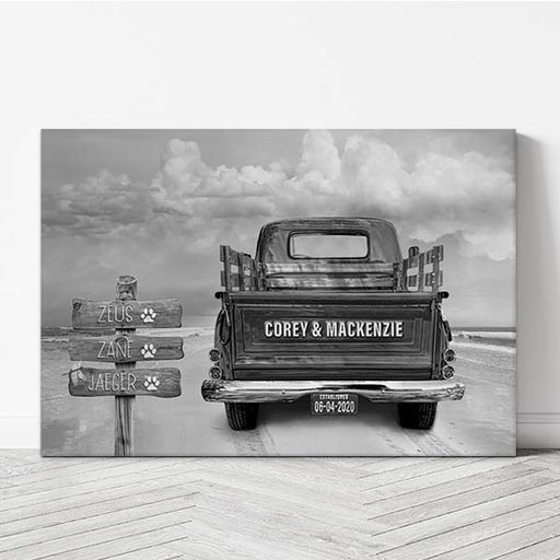 Black and White version - Personalized Beach Vintage Truck Canvas Print with tailgate and license plate customization. Choose from 15 colors and opt for color or black and white print. Ideal home decor and thoughtful gift for couples. Crafted in Wichita, KS, with premium USA-made materials.