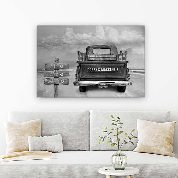Personalized Vintage Truck Canvas Print | Ocean Beach & Cloudy Sky Edition