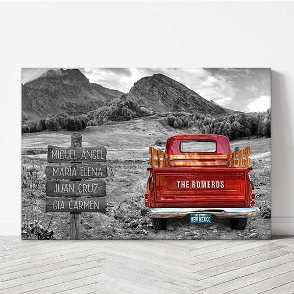 Customizable Vintage Truck on Mountain Meadow Dirt Road Canvas Wall Art | Choose Your Color & Names