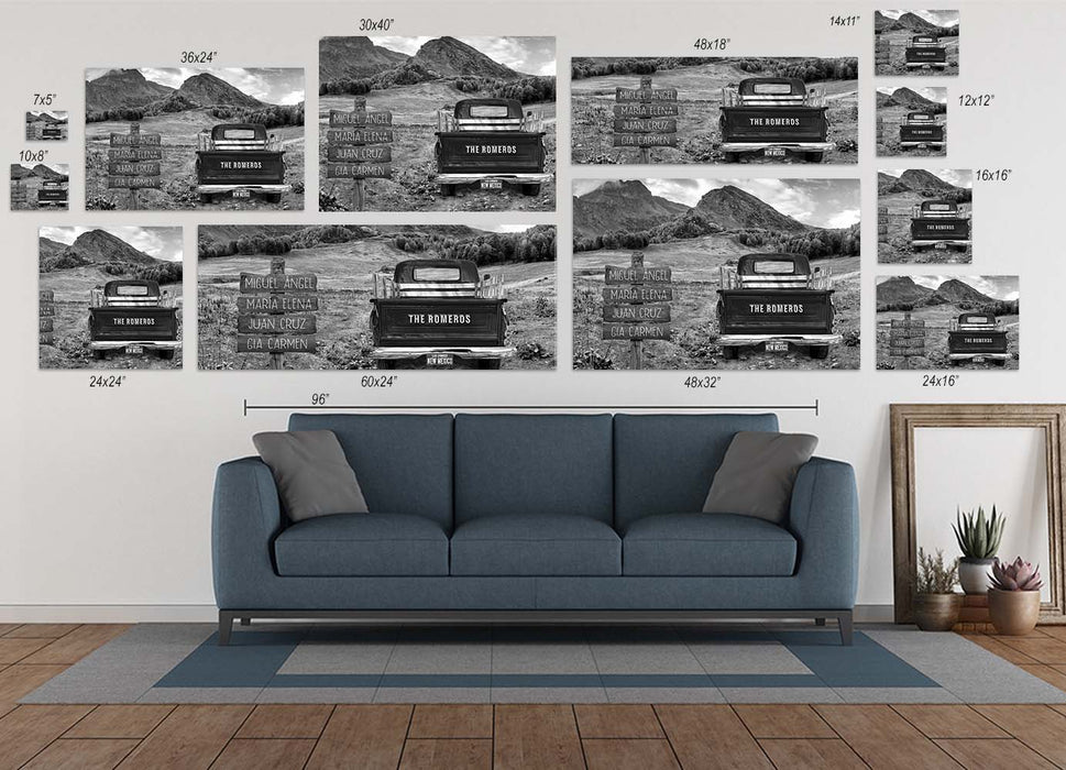 Customizable Vintage Truck on Mountain Meadow Dirt Road Canvas Wall Art | Choose Your Color & Names