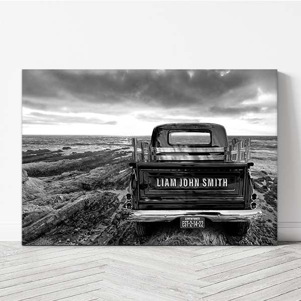 Capture the serenity of a Northern California sunset with our personalized canvas print. Featuring an old vintage truck on a rocky beach, personalized tailgate and license plate. Choose from 15 colors and personalize your coastal retreat. Crafted in Wichita, KS, with premium USA-made materials.