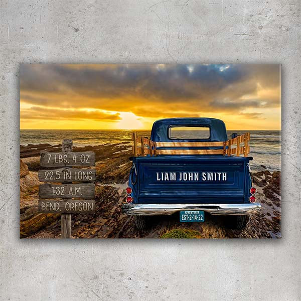 California Sunset Vintage Truck Canvas Print | Personalized Coastal Art