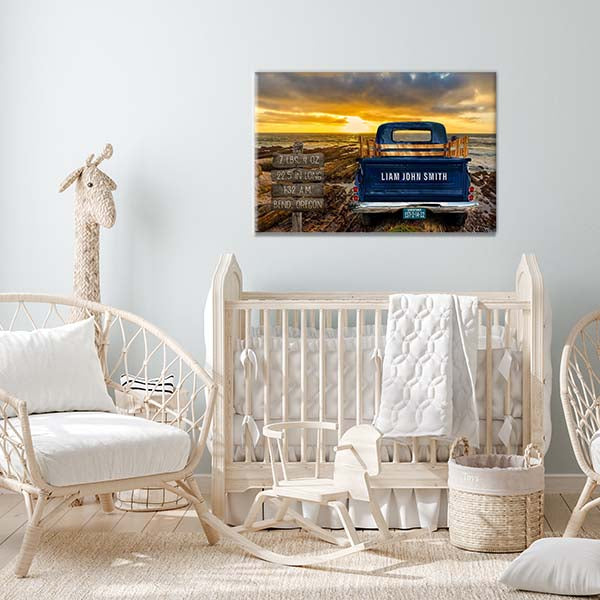 Personalized Canvas Wall Art showcasing the birth details of a baby boy. Celebrate the special moment with this unique and timeless nursery decor. Crafted with care, this custom piece adds a sentimental touch to your little one's space. Unique vintage truck baby's room decor for nursery.