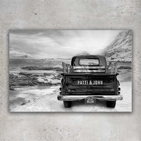 Winter Sunrise Beach Escape Canvas Print | Personalized Vintage Truck Art