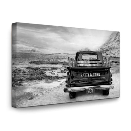 Black and white ocean wall art - Experience the magic of a Winter Sunrise Beach Escape with our Vintage Truck Canvas Print. Personalize the tailgate and license plate, choose from 15 truck colors, and opt for color or black and white. Ideal canvas wall art for home decor and a unique anniversary present. Crafted with care in Wichita, KS, using premium USA-made materials