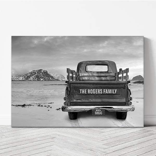Experience the beauty of winter by the beach with our Vintage Truck Canvas Print. Personalize the tailgate and license plate, choose from 15 truck colors, and opt for color or black and white. Ideal canvas wall art for home decor and a unique anniversary present. Crafted with care in Wichita, KS, using premium USA-made materials.
