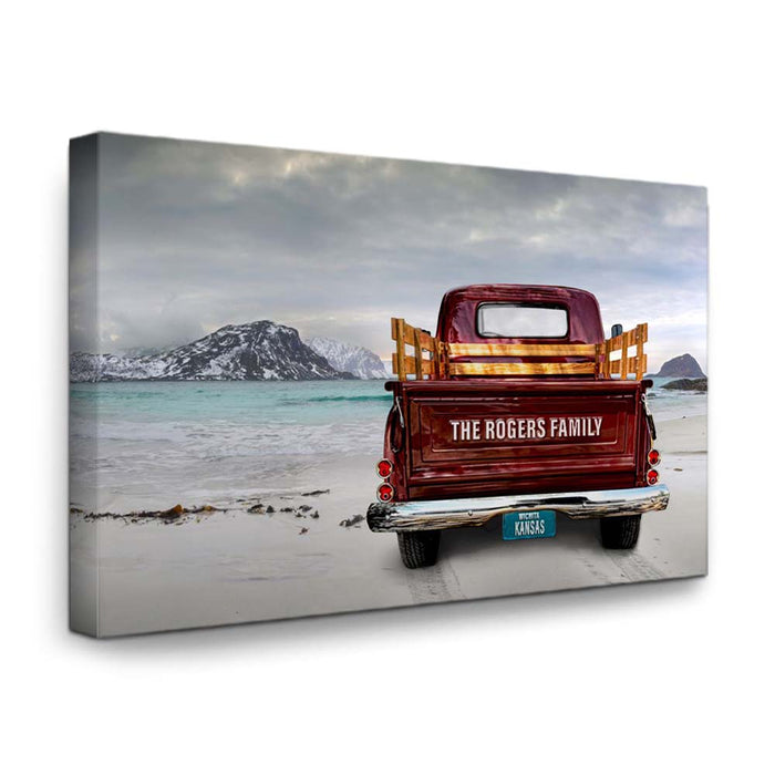 Winter Beach Getaway Canvas Print | Personalized Vintage Truck Home Decor Art