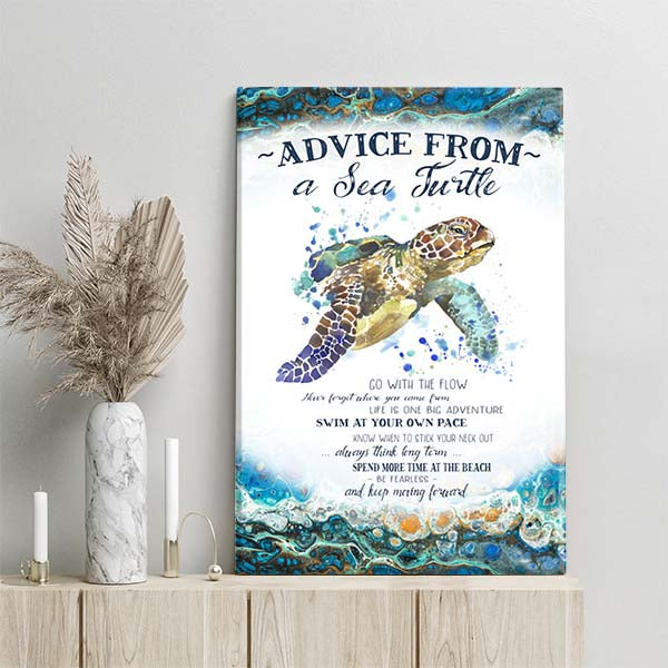 advice from a sea turtle acrylic pour watercolor canvas print.