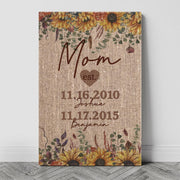 Sunflowers and Burlap Canvas Print, showcasing the rustic sunflowers on a burlap print, personalized with Mom or Grandma's name, established date, and the names and birthdays of all her children—a delightful and heartwarming tribute.