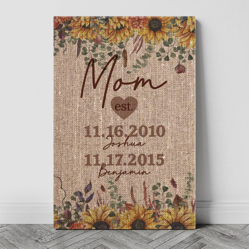 Sunflowers and Burlap Canvas Print, showcasing the rustic sunflowers on a burlap print, personalized with Mom or Grandma's name, established date, and the names and birthdays of all her children—a delightful and heartwarming tribute.