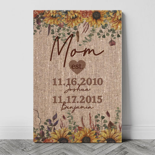 Sunflowers and Burlap Canvas Print, showcasing the rustic sunflowers on a burlap print, personalized with Mom or Grandma's name, established date, and the names and birthdays of all her children—a delightful and heartwarming tribute.