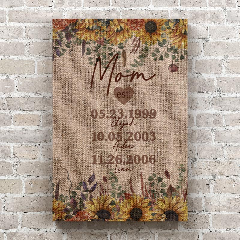 Personalized Grandma / Mom Mother & Child Established Sunflower Burlap Rustic Canvas Art