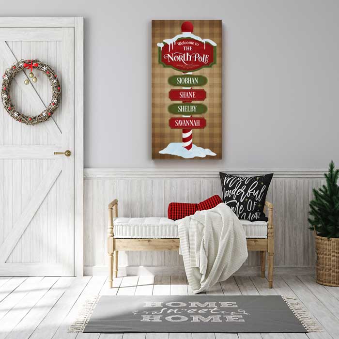 North Pole Extra Large Christmas Art Canvas Wall Art with Personalized Family Names