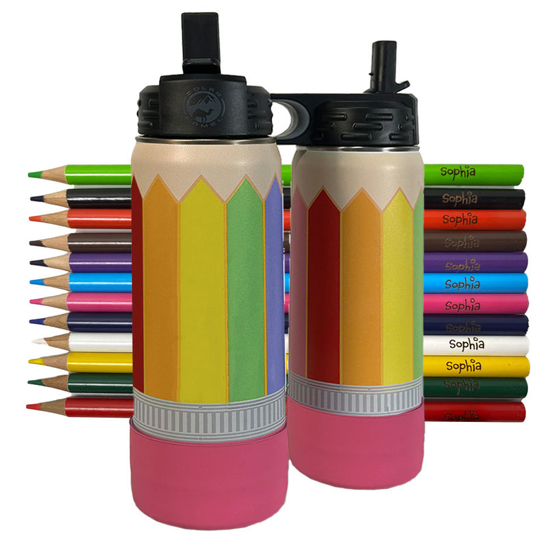 Pencil Kids Water Bottle Personalized Tumbler With Premium Silicone Boot