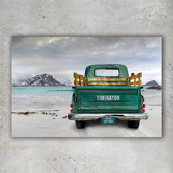 Get away to the islands in winter in this beautiful teal truck print canvas, personalized with your name or business tagline on the vintage truck tailgate and license plate.